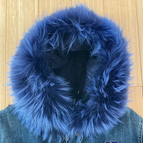 Blue fox fur hooded denim coat